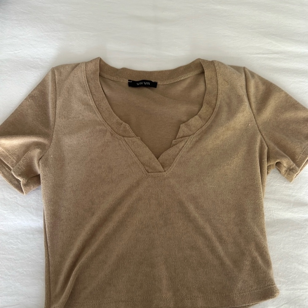 Tan velvet v neck crop top